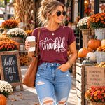Thankful Tee - model at pumpkin patch with coffee