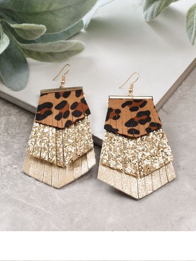 Gold Glitter Fringed Leopard Earrings - SKC Boutique